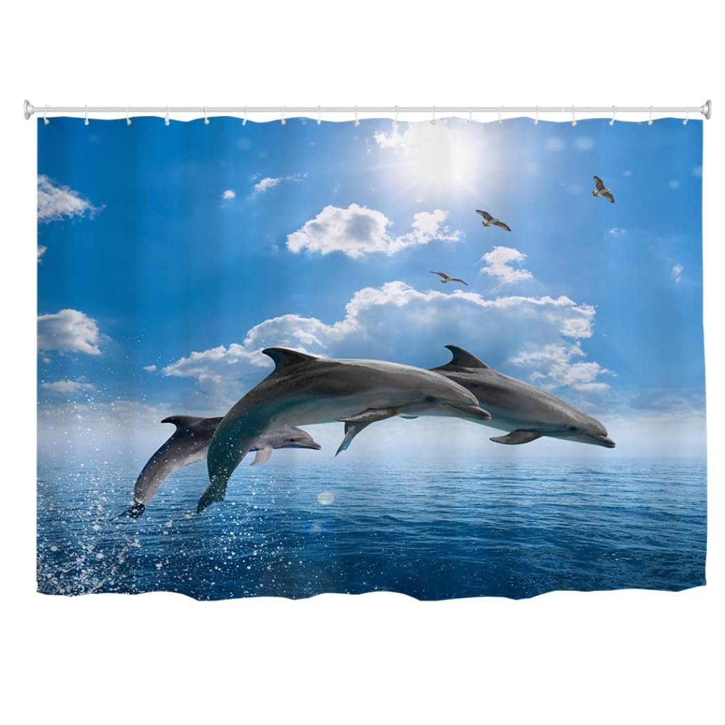 goodbath Extra Wide Shower Curtain 240x180cm, Dolphin Jumping from Ocean Sea Anti Mould Fabric Waterproof Bath Curtains for Bathroom with 24 Hooks