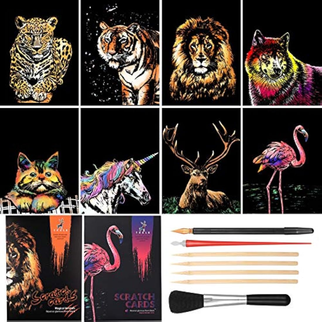 metagio 8PCS Scratch Art Paper A4 Animals Art Paper Rainbow Painting Engraving Art Sets with Scratch Drawing Pens and Cleaning Brush
