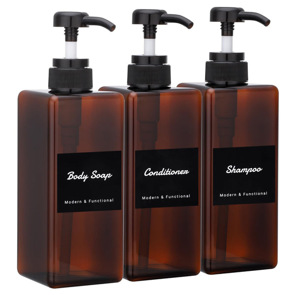 Segus Bathroom Dispenser Set, 3 Pieces 650ml Refillable Shower Gel & Shampoo Dispenser, Handwash Bottle in Plastic, Empty and Leakproof, Amber