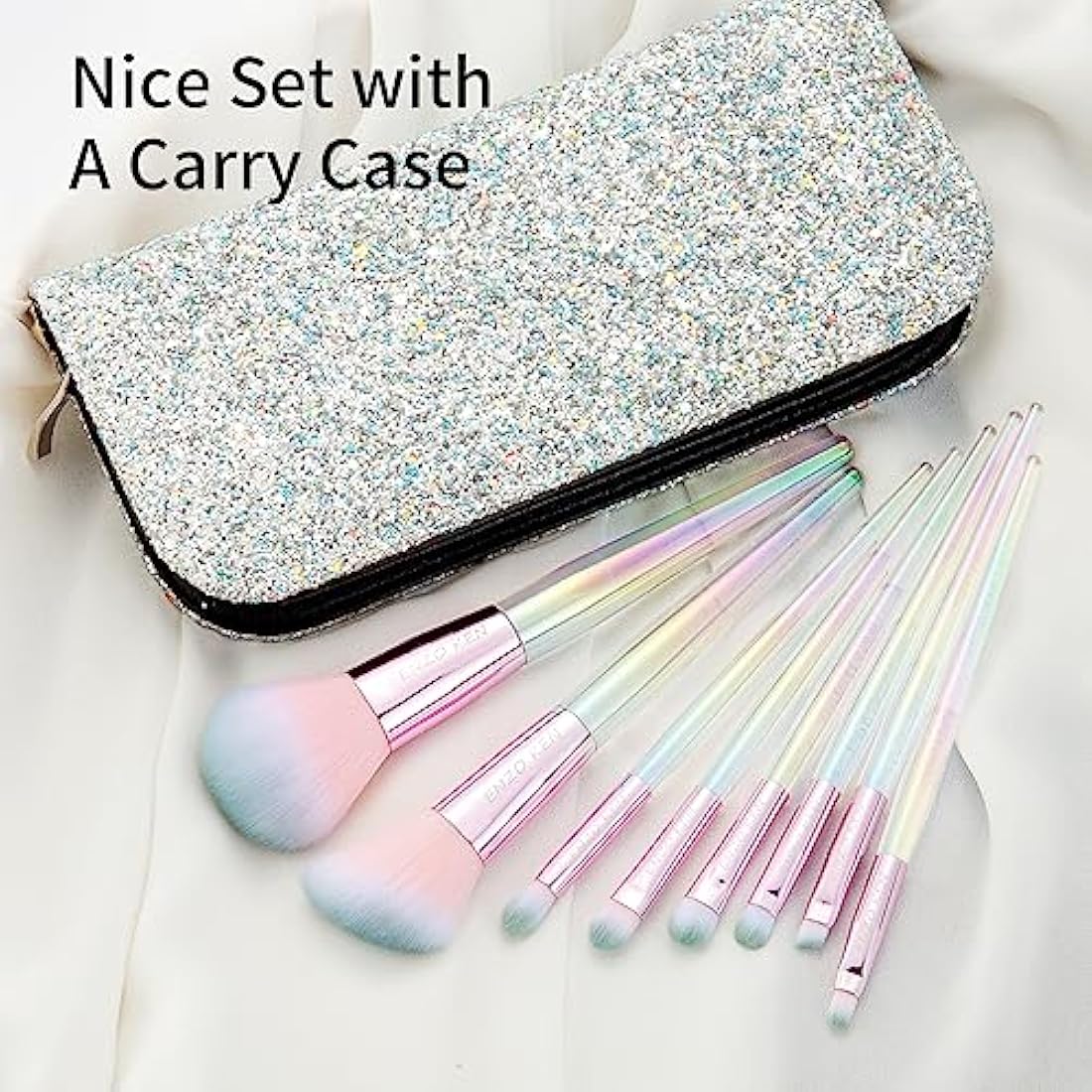 ENZO KEN Rainbow Crystal Makeup Brush Set Professional, Vegan Makeup Brush Set with Case, Bedazzled Cosmetic Brush Makeup Set, Sparkly Make up Brushes Vegan, Colorful Make up Brushes Set Professional.