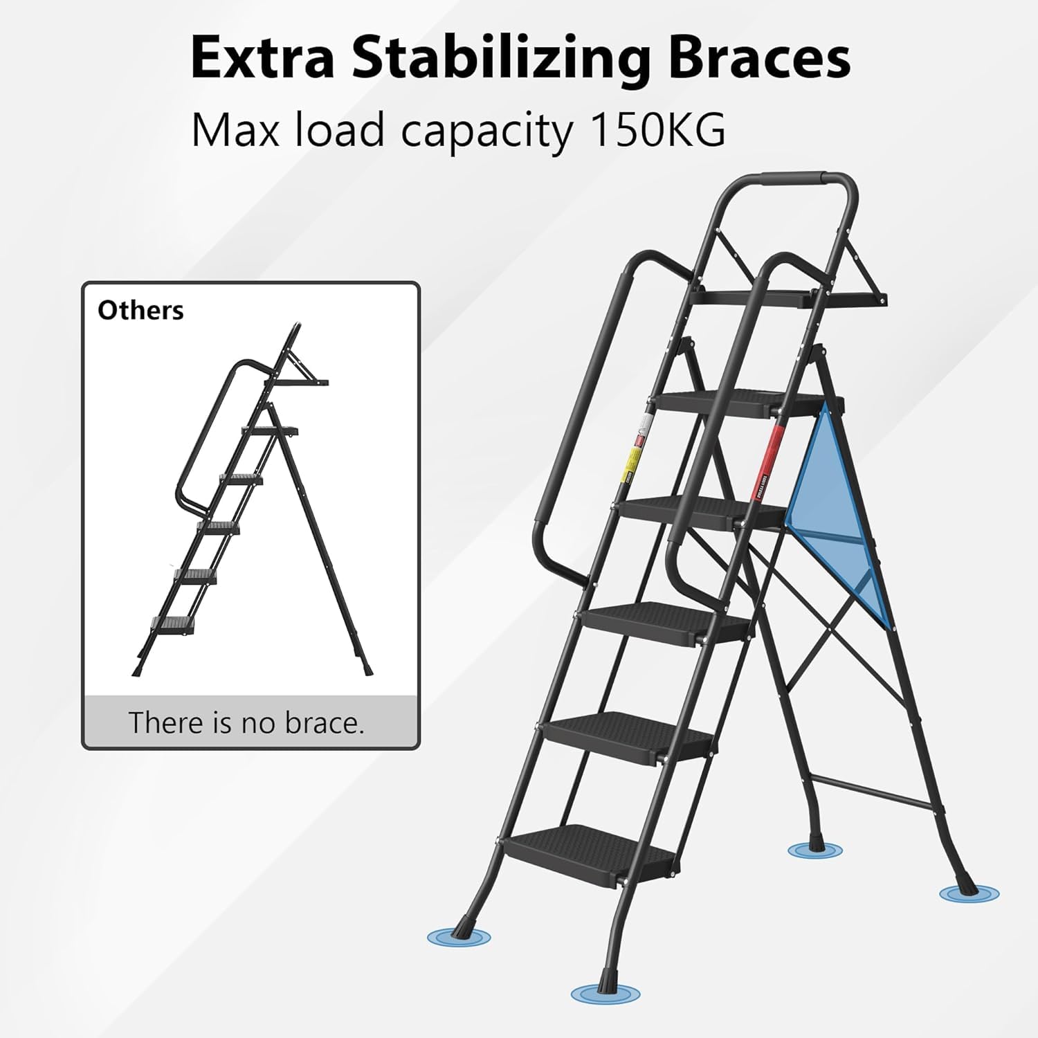 BONTEC 4 Step Ladder Folding, Heavy Duty Foldable Step Stool with Wide Anti-Slip Pedals, Sponge Handrail and Tool Tray, Portable Household Ladder 150kg Capacity, Compact Collapsible Indoor Ladder