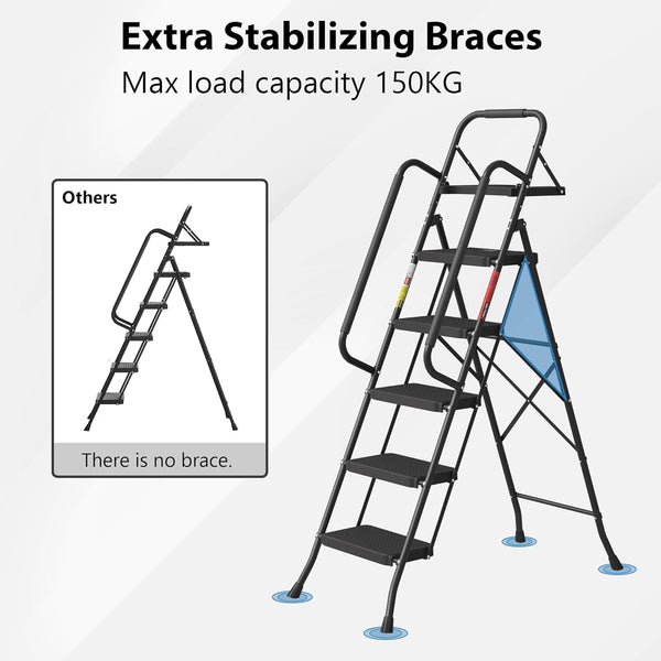 BONTEC 4 Step Ladder Folding, Heavy Duty Foldable Step Stool with Wide Anti-Slip Pedals, Sponge Handrail and Tool Tray, Portable Household Ladder 150kg Capacity, Compact Collapsible Indoor Ladder