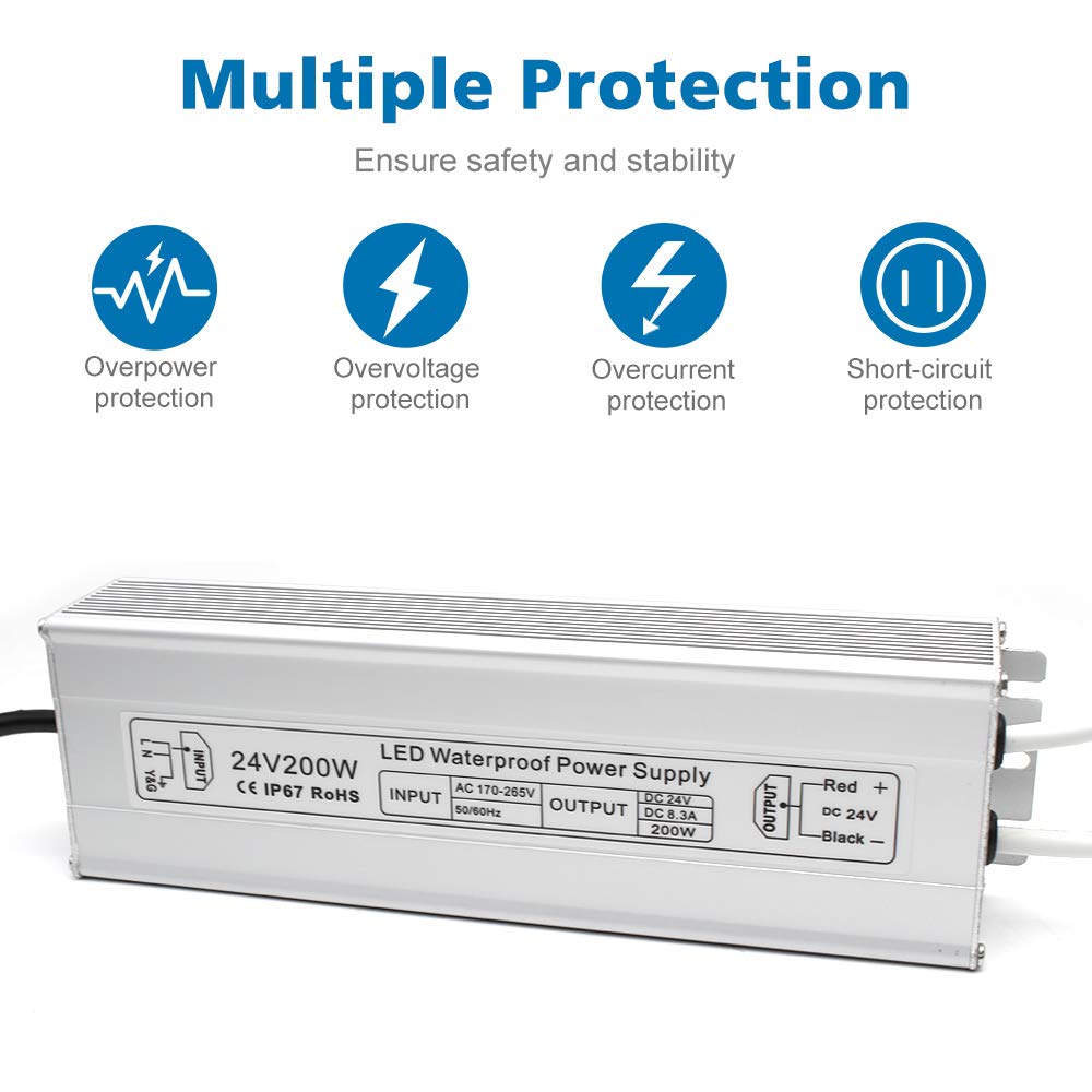 inShareplus LED Power Supply, 24V 200W IP67 Waterproof Outdoor Driver, AC 170-265V to DC 24V 8.3A Low Voltage Transformer, Adapter with 3-Prong Plug