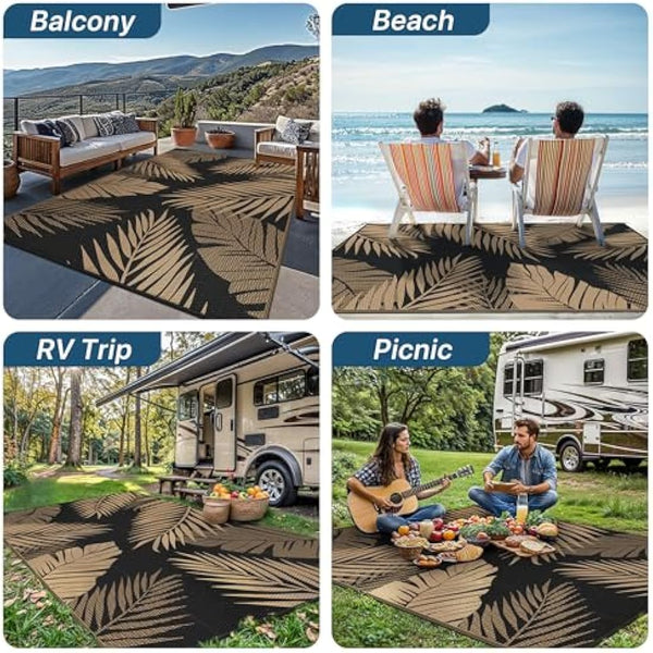 GENIMO Outdoor Rug 275 x 365 cm – Extra Large Waterproof Reversible Garden Rugs, UV Resistant & Washable Plastic Carpet for Patio, RV, Picnic, Backyard, Balcony – Black & Brown