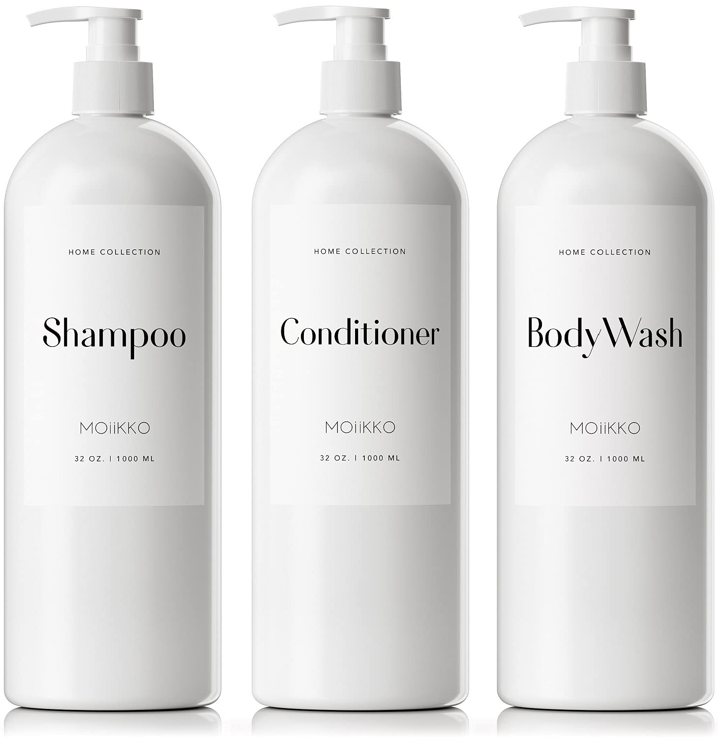 MOIIKKO 32oz Refillable Shampoo and Conditioner Dispenser Bottles - Set of 3 Empty Shampoo Conditioner Body Wash Dispenser with 8 Waterproof Labels