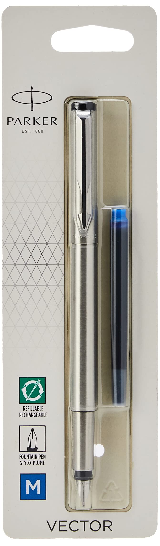Parker Vector Fountain Pen | Black with Chrome Trim | Medium Nib | Blue Ink | Hangtab