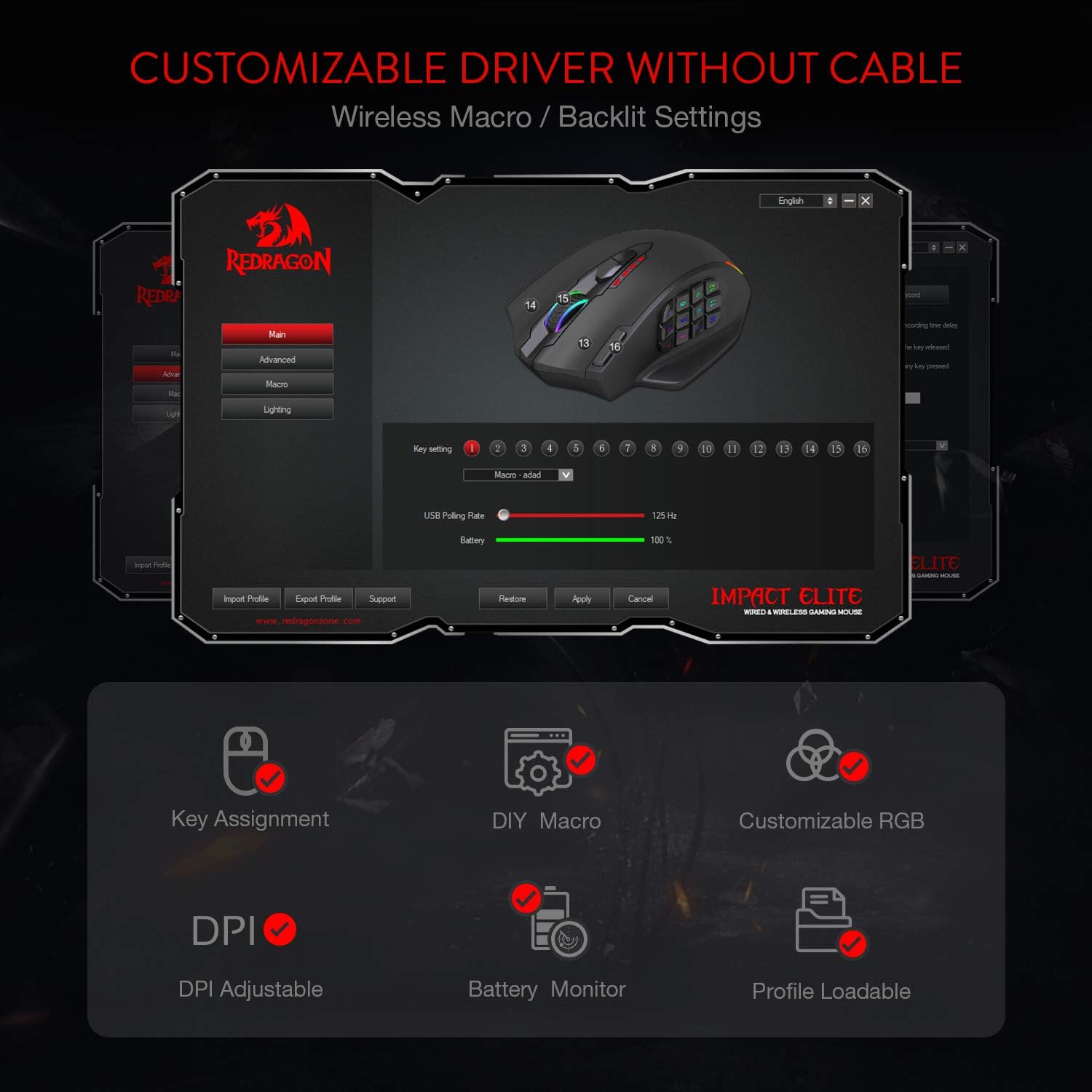 Redragon M908 Impact RGB LED MMO Mouse with Side Buttons Optical Wired Gaming Mouse with 12,400DPI, High Precision, 20 Programmable Mouse Buttons