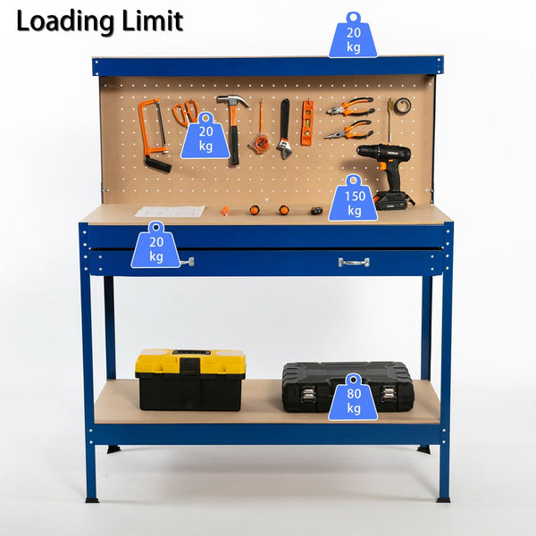 SwitZer New Red Steel Garage Tool Box Toolbox Work Bench Workbench Storage With Drawers Pegboard and 20 Pegs Shelf DIY Workshop Station