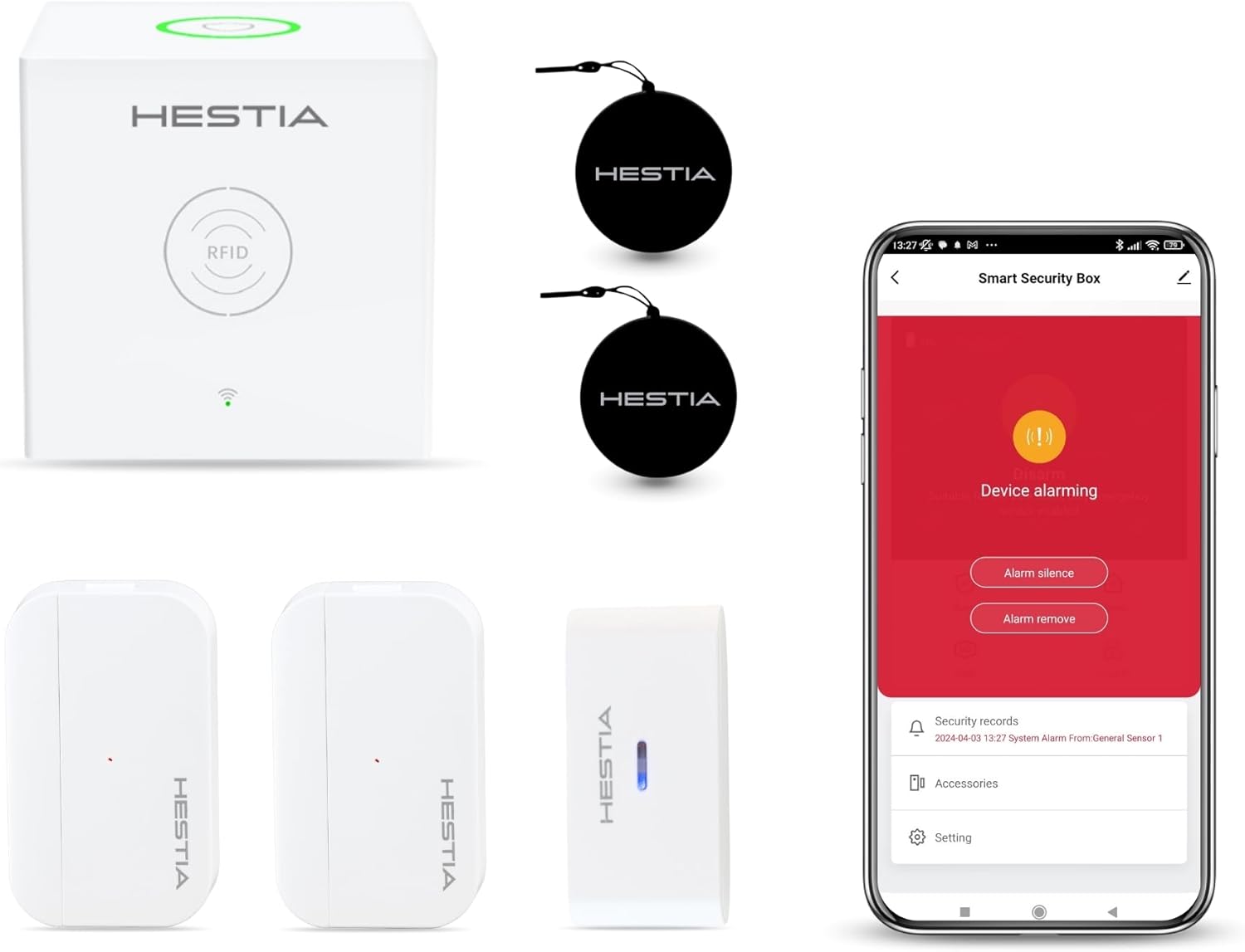 HESTIA Smart Home Security Systems, No Monthly Fee Wireless Alarm Kit, Small Home Alarm with Door Alarm, Vibration Sensor, Remote, RFID Tag, House Alarms Security System Work with Alexa Google Home