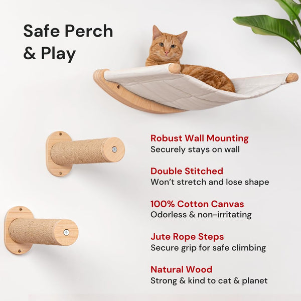 7 Ruby Road Cat Hammock Wall Mounted Shelf with Two Steps Set - Wall Shelves and Perches for Sleeping, Playing, Climbing and Lounging - Modern Cat Bed