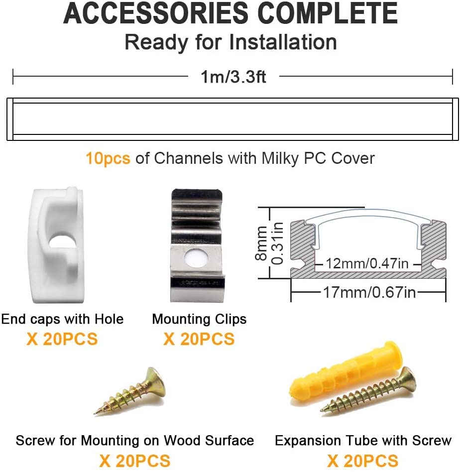 Jirvyuk Led Channel, 10 Pack 1m/3.3ft Led Profile Strip, Led Aluminum Channel and Diffuser for LED Strip Lights with Milky White Cover, End Caps,