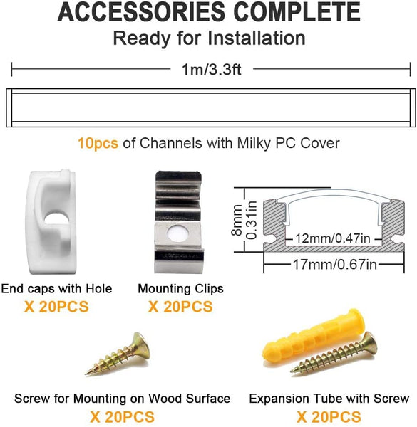 Jirvyuk Led Channel, 10 Pack 1m/3.3ft Led Profile Strip, Led Aluminum Channel and Diffuser for LED Strip Lights with Milky White Cover, End Caps,