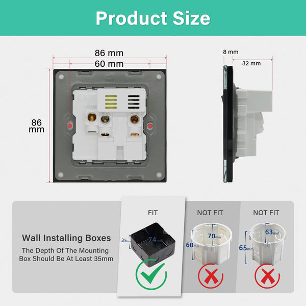 BSEED Double Socket 13A with LED Indicator, Double Switched Wall Socket 2 Gang UK Standard, Electric Switched Plug Power Wall Outlet with Glass Panel, Grey
