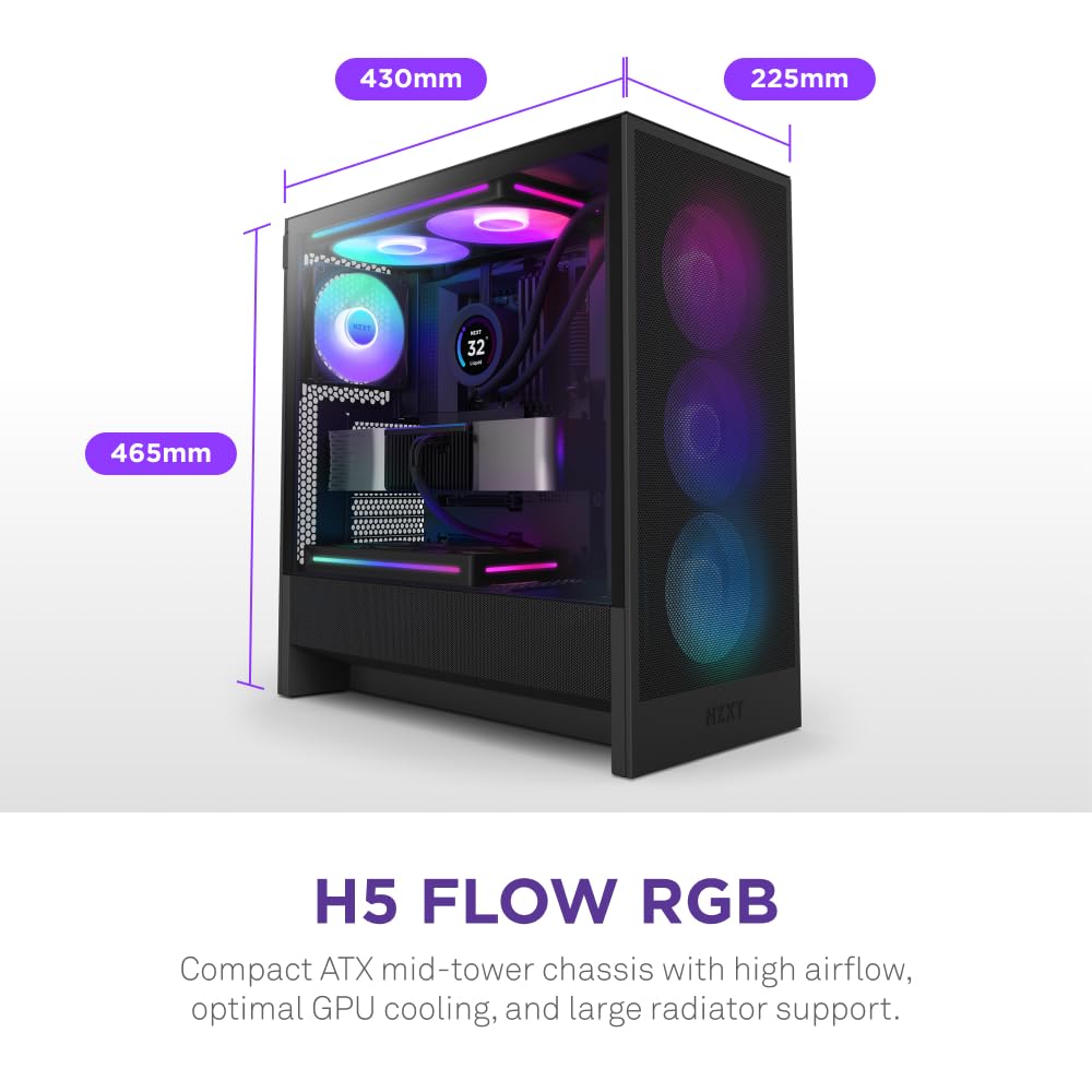 NZXT H5 Flow RGB - Compact ATX Mid-Tower PC Gaming Case - High Airflow - F360 RGB Core (CV) Included - 360mm Front & 240mm Top Radiator Support - Cable Management - Tempered Glass - White
