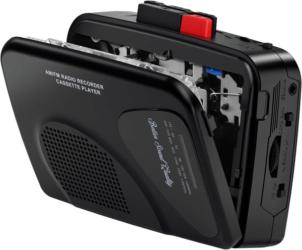 Walkmaner Cassette Player/Recorder, Am/FM Radio, Portable Cassette Player, Cassette Recording, Built-in Speakers, Manual Recording, T201 (Black)