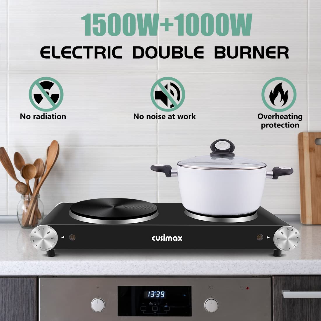 Double Hot Plate, CUSIMAX Electric Burner, 2500W Portable Electric Hob Hot Plates for Cooking With 2 Cast Iron Rings, Table Top Hob With Heating