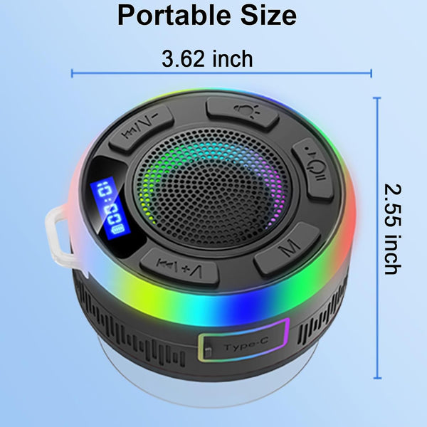 Bluetooth Shower Speaker with IPX7 Waterproof, Bluetooth Speaker with HD Stereo Sound, Built-in Mic Portable Wireless Speaker with Dynamic Lights 10H Playtime, for Outdoor Kitchen Gifts Golf, Black