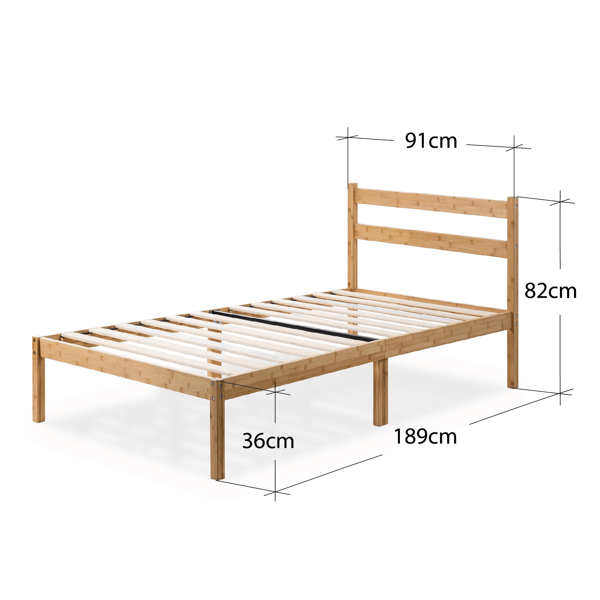 Zinus Ellie Single Bed Frame - Bed 90 x 190 cm - 36 cm Height with underbed storage - Bamboo and Wood Platform Bed Frame with Headboard, Brown