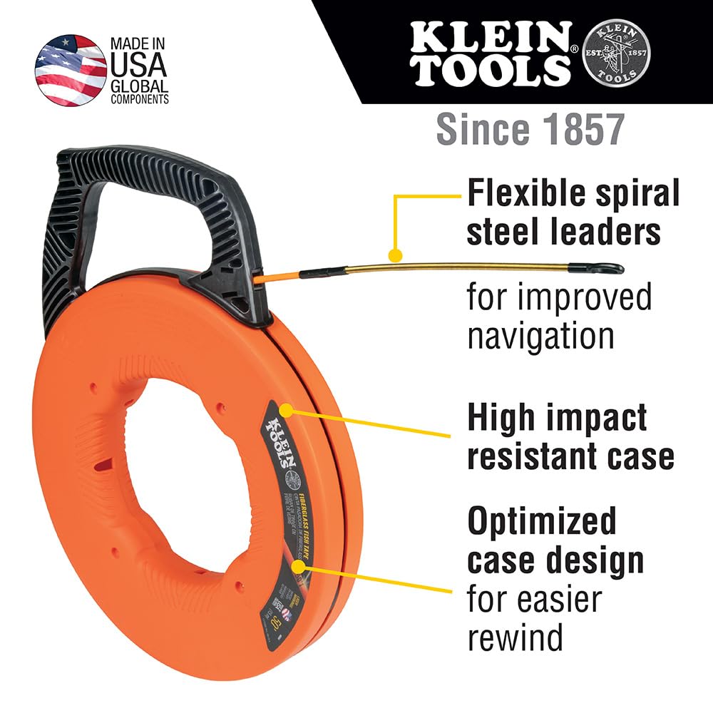 KLEIN TOOLS 56382 Fish Tape, Multi-Groove Fiberglass Wire Puller with Nylon Tip, Optimized Housing and Handle,Orange/Black, 15 m