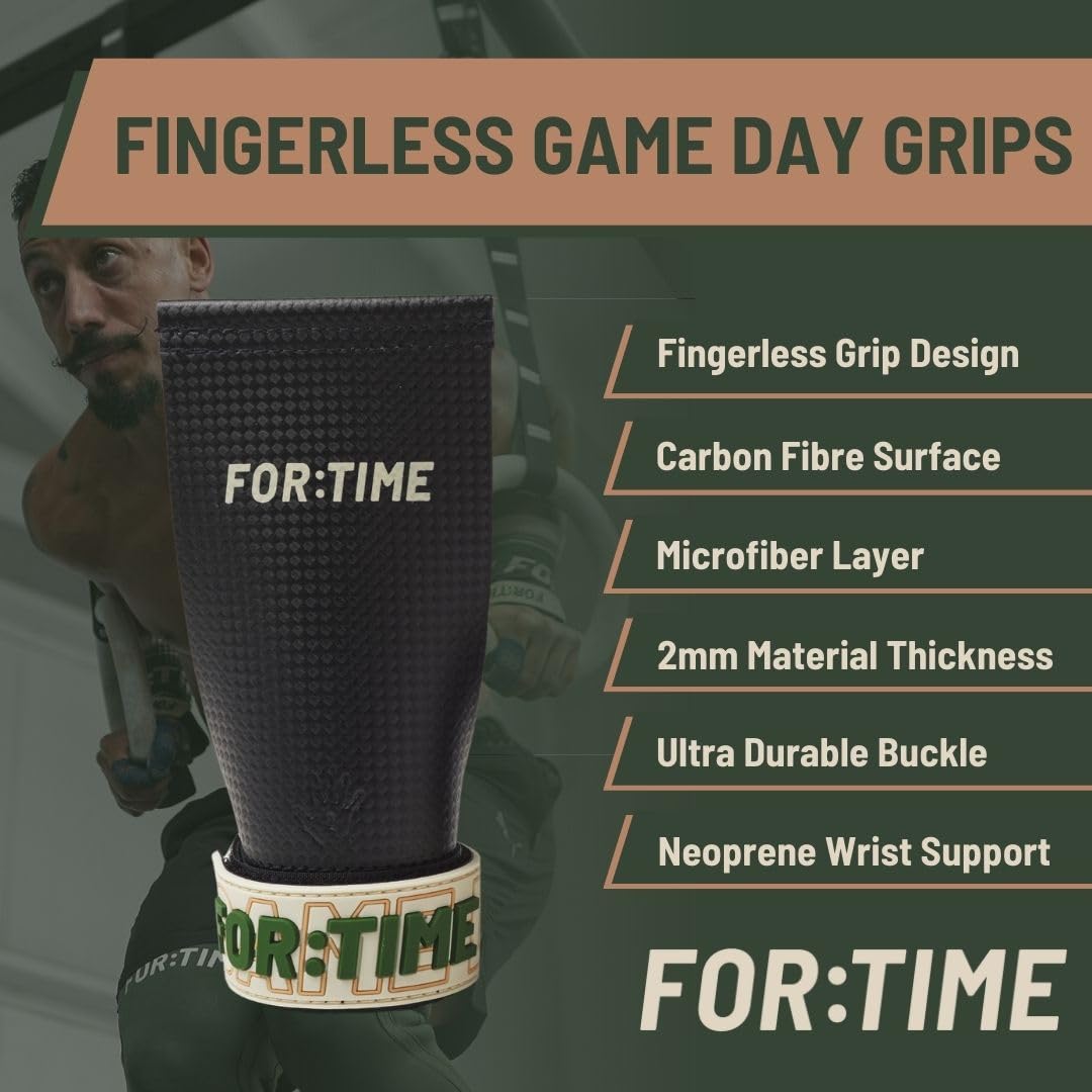 FOR:TIME FITNESS GAME DAY GRIPS - Hand Grips for CrossFit and Gymnastics Workouts - Ultra Sticky Carbon Fibre Hand Protection with Wrist Support - Gym
