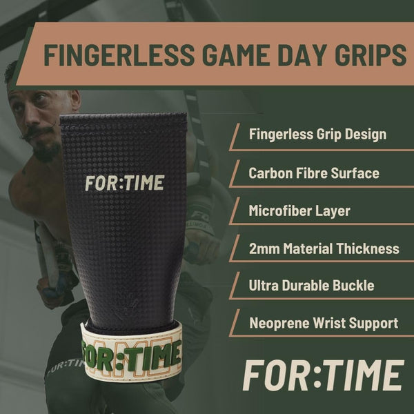 FOR:TIME FITNESS GAME DAY GRIPS - Hand Grips for CrossFit and Gymnastics Workouts - Ultra Sticky Carbon Fibre Hand Protection with Wrist Support - Gym