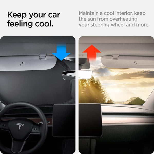 Spigen Tesla Model Y 2025 Juniper and Model 3 Highland 2024 2025 CryoShade Front Windscreen Sunshade, Dual Layered Protection From UV and Heat (Reinforced Velcro Strap), Designed for Tesla Accessories