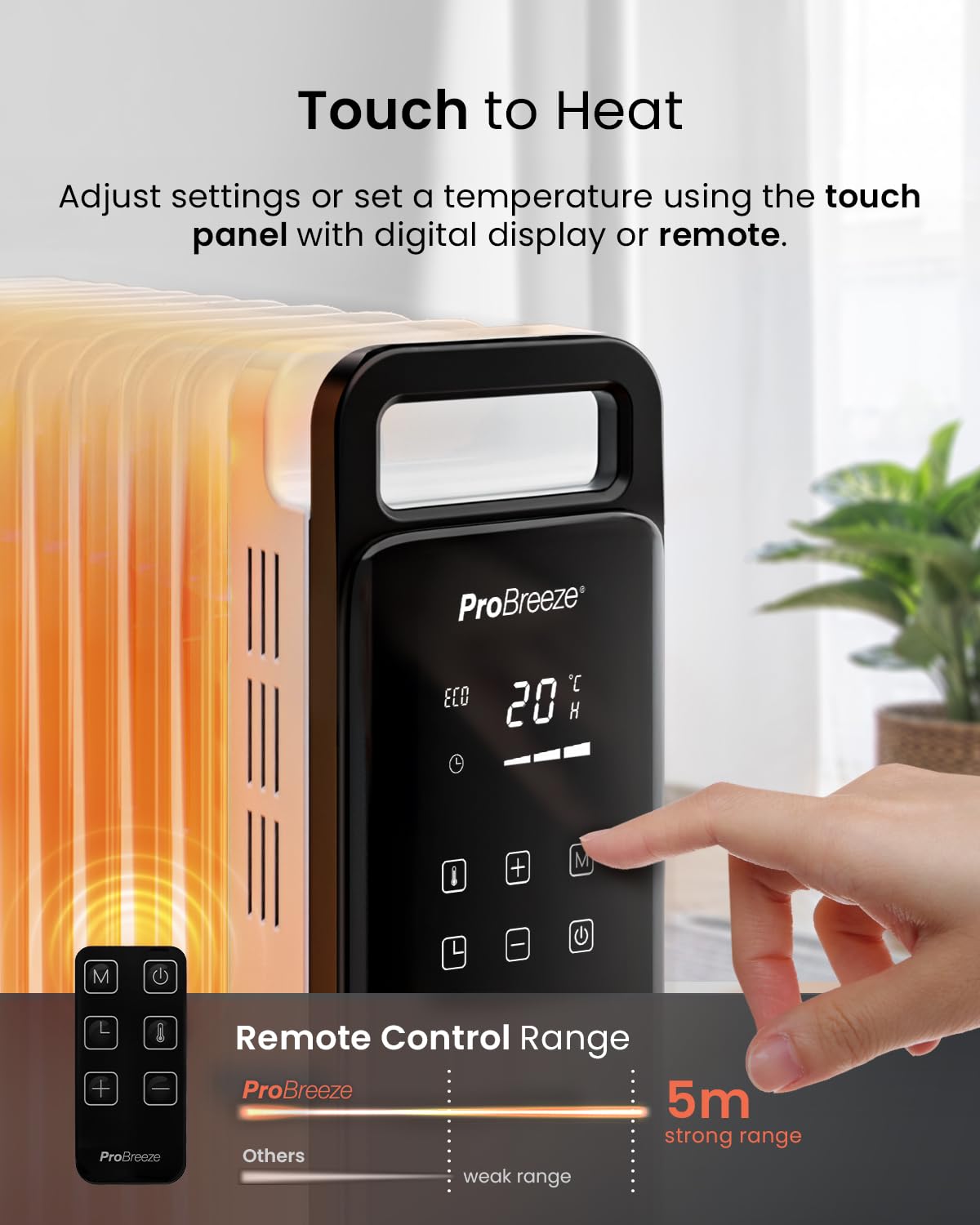 Pro Breeze Smart 2500W 11 Fin Oil Filled Radiator with Digital Display and WiFi Smart App, Thermostat, 24Hr Timer, 3 Heat Modes, Child Lock, Overheat & Tip-Over Protection Oil heater for Home - Black