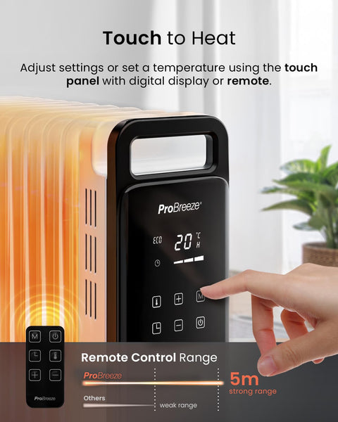 Pro Breeze Smart 2500W 11 Fin Oil Filled Radiator with Digital Display and WiFi Smart App, Thermostat, 24Hr Timer, 3 Heat Modes, Child Lock, Overheat & Tip-Over Protection Oil heater for Home - Black
