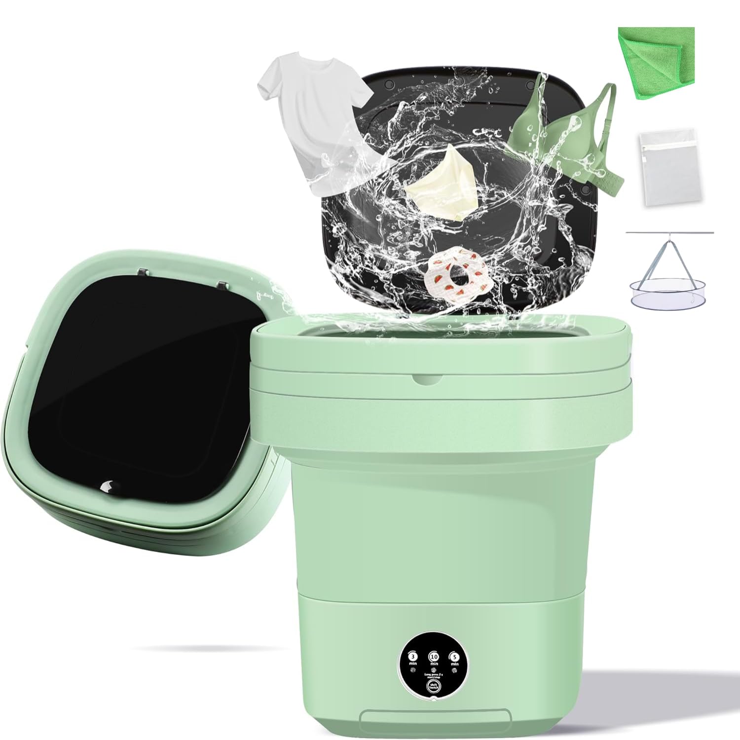 Portable Washing Machine, 11L Foldable Washer & Spin Dryer with Laundry Bag & Drying Net & Microfiber Cloths, Laundry Machine with 3 Cleaning Modes for Baby Clothes and Underwear (Blue)