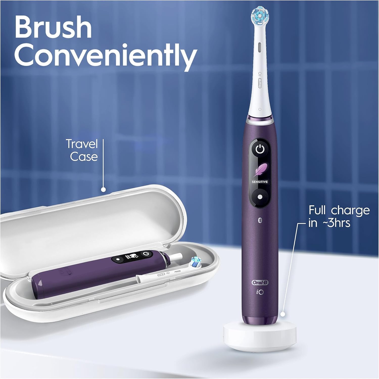 Oral-B iO8 Electric Toothbrushes For Adults, App Connected Handle, 3 Toothbrush Heads, Travel Case & Toothbrush Head Holder, 6 Modes, 2 Pin UK Plug, Violet