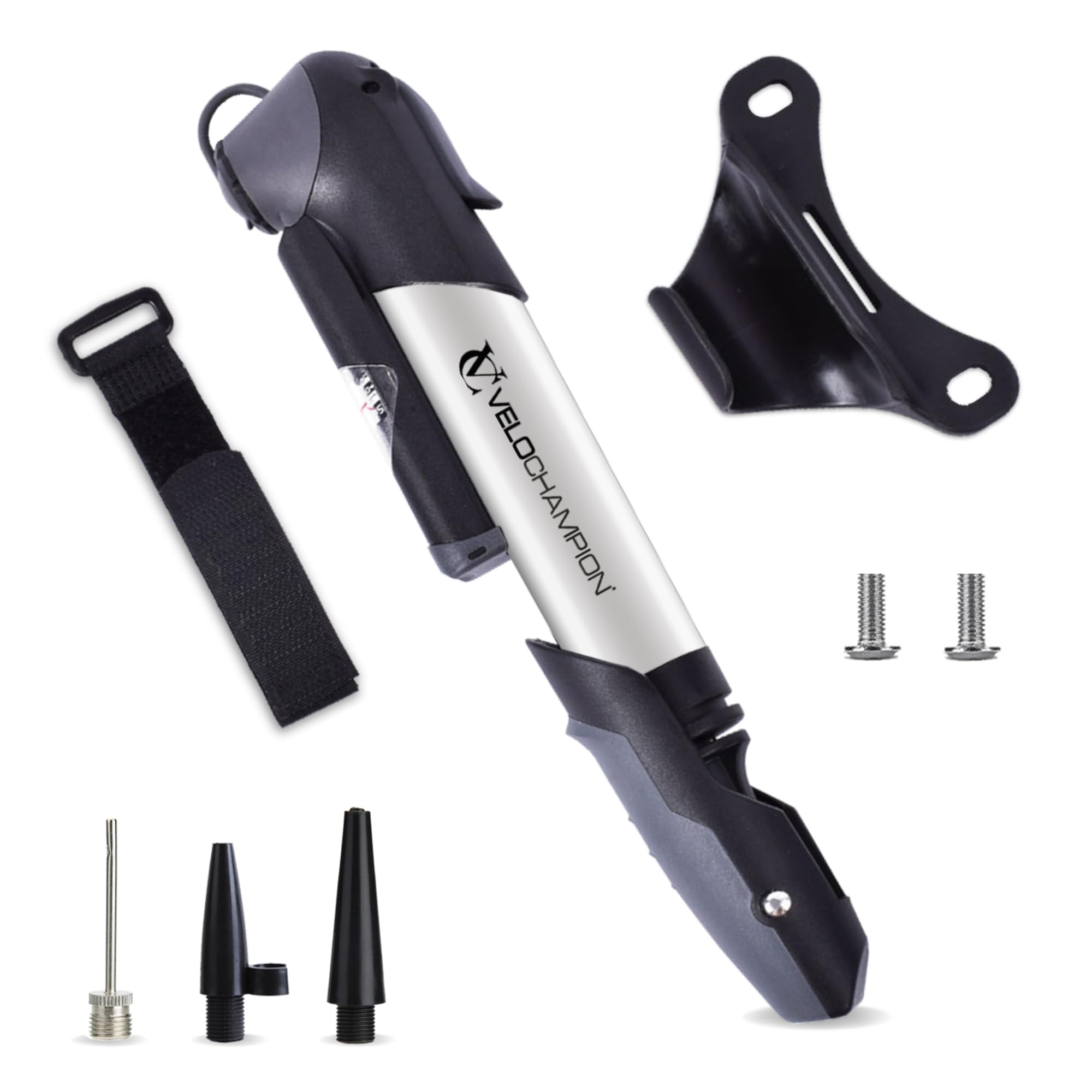 VeloChampion Mini Bicycle Pump with Frame Mount. Portable Alloy Pump For Presta, Schrader and Dunlop Valves. Suitable for All Bikes - Road, Mountain & BMX