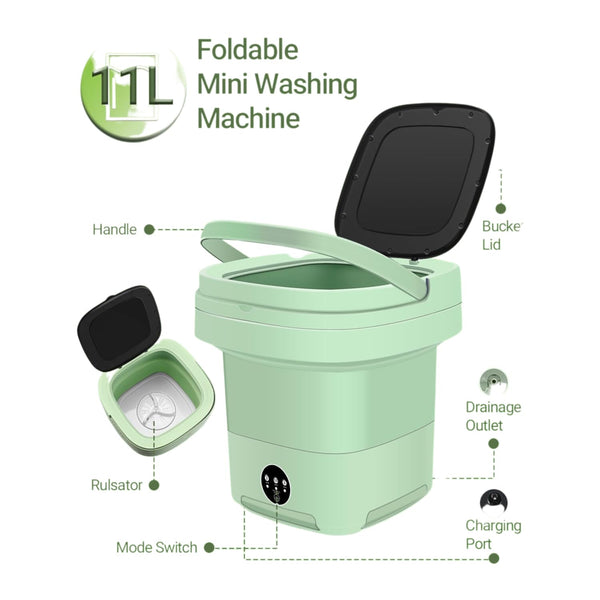 Portable Washing Machine, 11L Foldable Washer & Spin Dryer with Laundry Bag & Drying Net & Microfiber Cloths, Laundry Machine with 3 Cleaning Modes for Baby Clothes and Underwear (Blue)