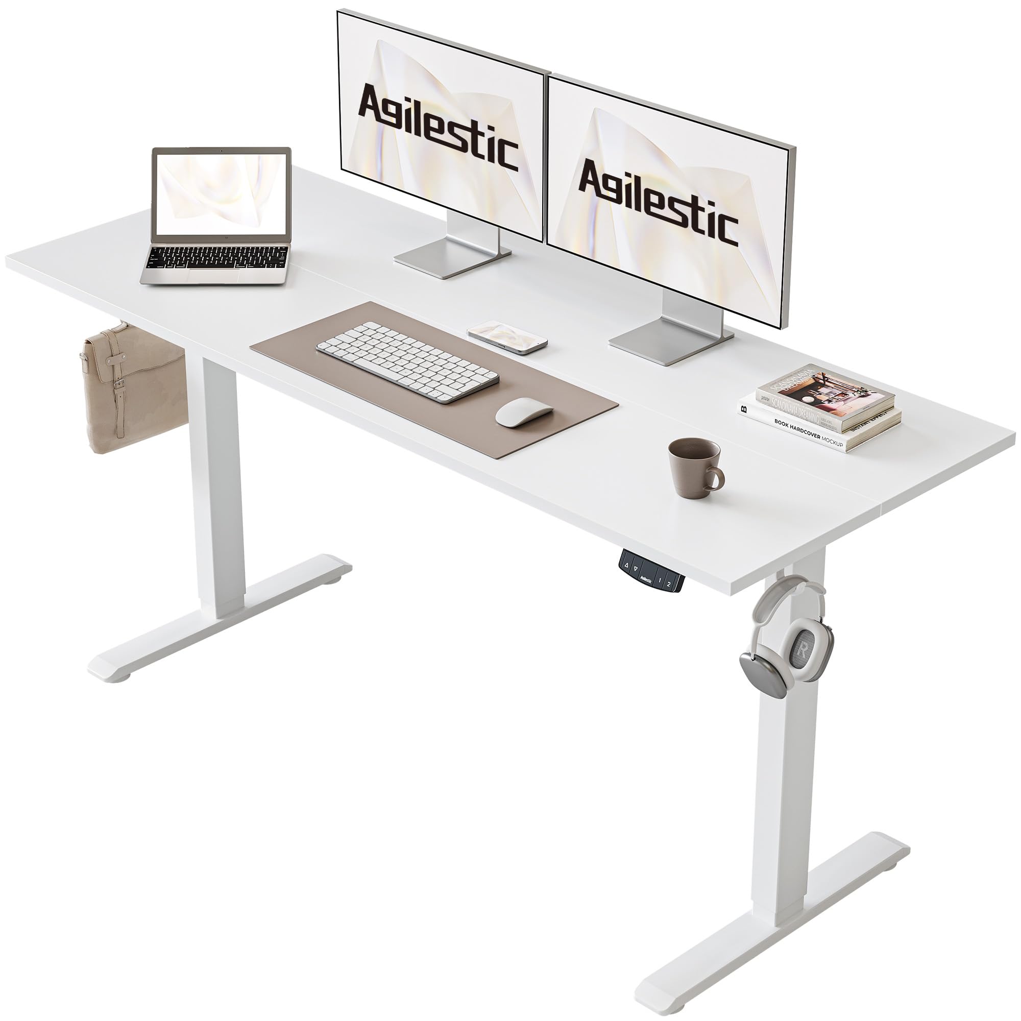 Agilestic L-Shaped Electric Standing Desk, 140cm Height Adjustable Sit-Stand Desk for Home Office, Ergonomic Computer Desk with Spliced Board, White