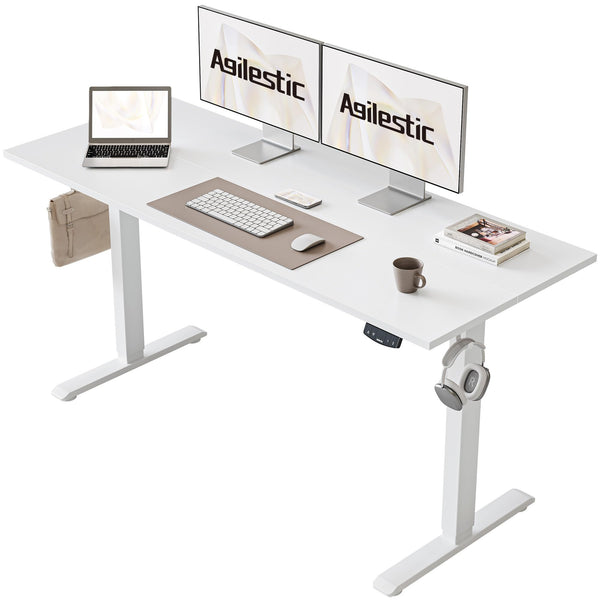 Agilestic L-Shaped Electric Standing Desk, 140cm Height Adjustable Sit-Stand Desk for Home Office, Ergonomic Computer Desk with Spliced Board, White