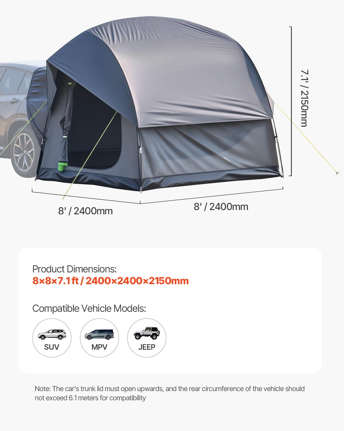 VEVOR Waterproof PU2000mm Spacious Double Layer Design, SUV Camping Tent with Shade Awning and Mesh Windows, Includes Rainfly and Storage Bag