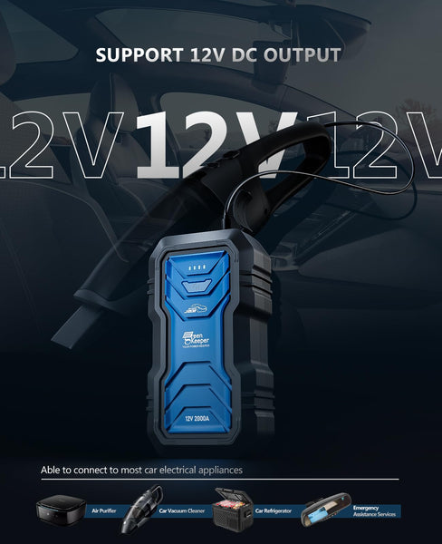 Jump Starter Power Pack Car Battery Starter 2000A 12V for 7.0L Gas & 6.5L Diesel with 12V/6A Output Extension Port, Portable Car Battery Booster 16000mAh Power Bank, High-Efficiency for All Weather