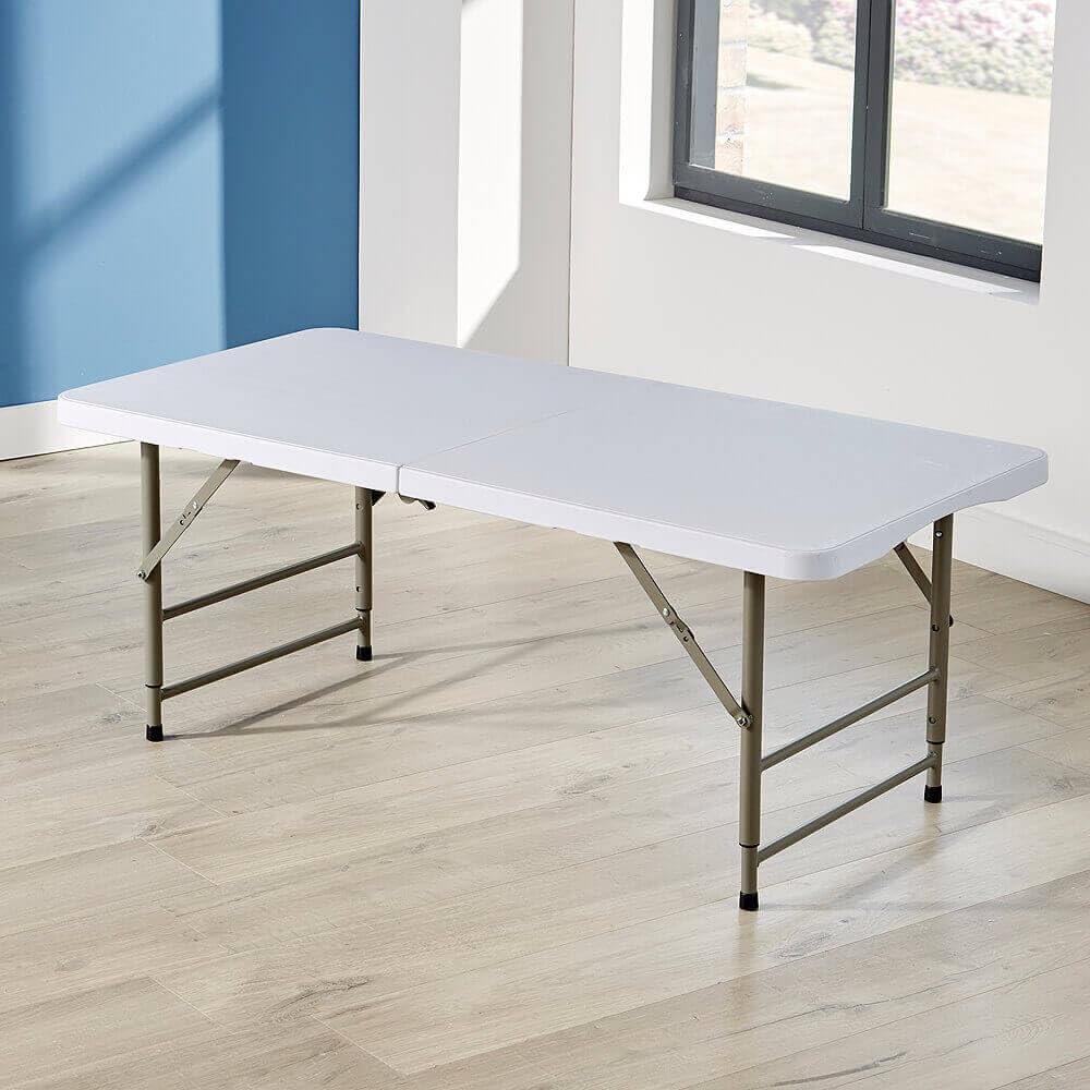 Home Source Folding Table Trestle Camping Party Picnic BBQ Stall Garden Indoor Outdoor, Metal, White, 4ft
