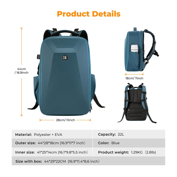 K&F Concept Camera Backpack,Hardshell DSLR Photography Camera Bag with 15-15.6 Inch Laptop Compartment Waterproof Camera Case Compatible for Canon/Nikon/Sony/DJI Mavic Drone