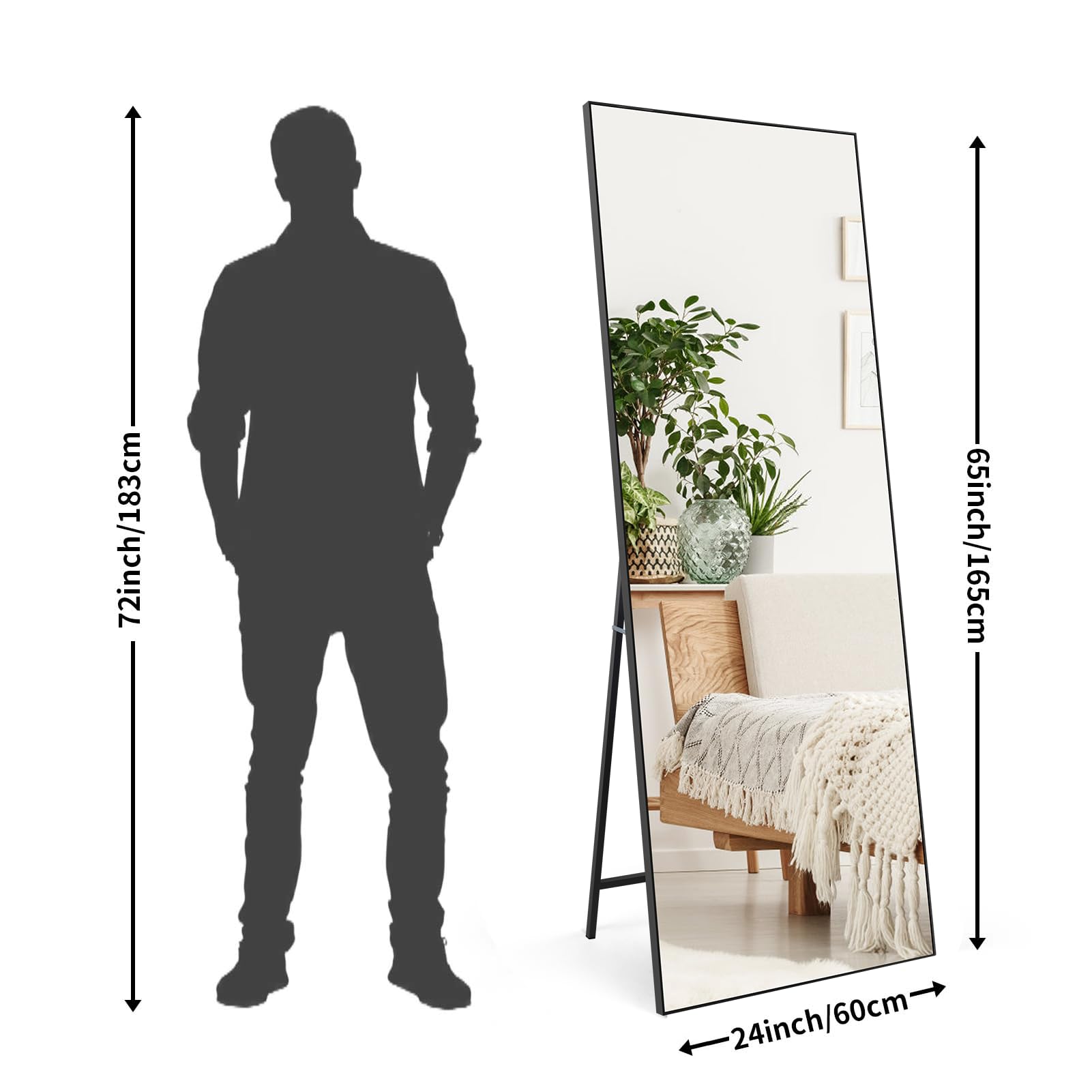HORLIMER 65x24 inches Full Length Mirrors with Black Frame, 165x60 cm Large Long Mirror for Wall Hanging or Floor Free Standing, for Bathroom Living