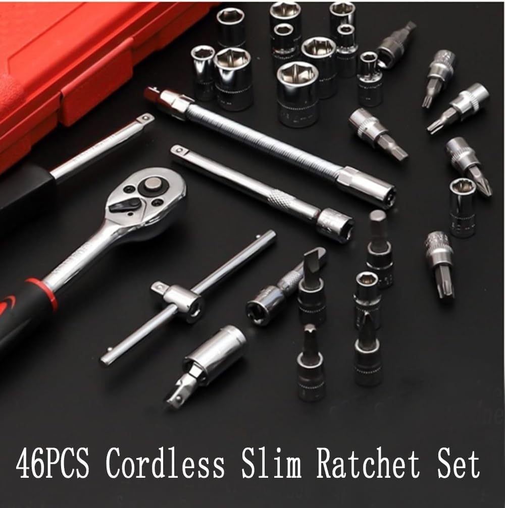 Slim Ratchet Set, with Bit Socket Set Metric and Extension Bar for Auto Repairing and Household, with Storage Case (Black)