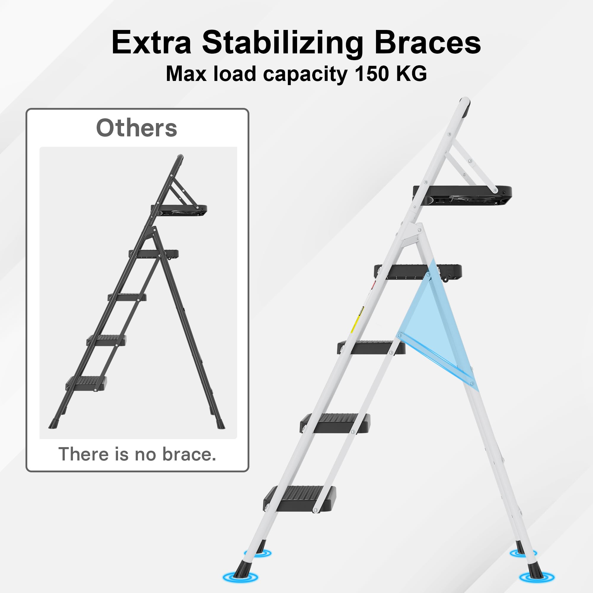 BONTEC 2 Step Ladder, Capacity 150KG with Wide Anti-Slip Pedals, Folding Steel Step Stool, Sponge Handlebar, Lightweight Portable Ladder Suitable for Home, Kitchen, Pantry, Indoor/Outdoor Use, Black