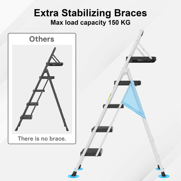 BONTEC 2 Step Ladder, Capacity 150KG with Wide Anti-Slip Pedals, Folding Steel Step Stool, Sponge Handlebar, Lightweight Portable Ladder Suitable for Home, Kitchen, Pantry, Indoor/Outdoor Use, Black