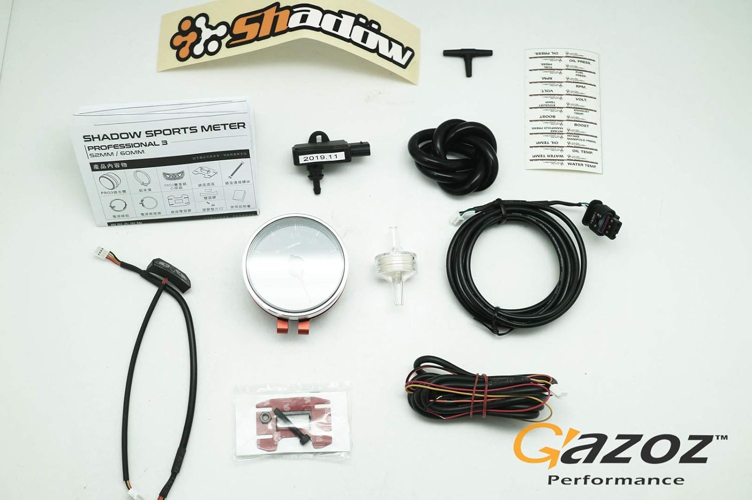 Gazoz Performance 52mm Boost Gauge PRO3 BF Turbo Meter 3 BAR Dual LED Electrical - Shadow Gauge