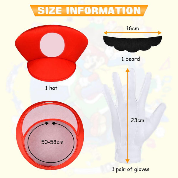 Aomig Mario Costumes, 4 Pack Mario Cosplay Costume Accessories Kits with Bodysuit, Luigi Hats Cap, Mustaches, White Gloves, Mario Luigi Bros Fancy Dress Outfit Costume for Women Men