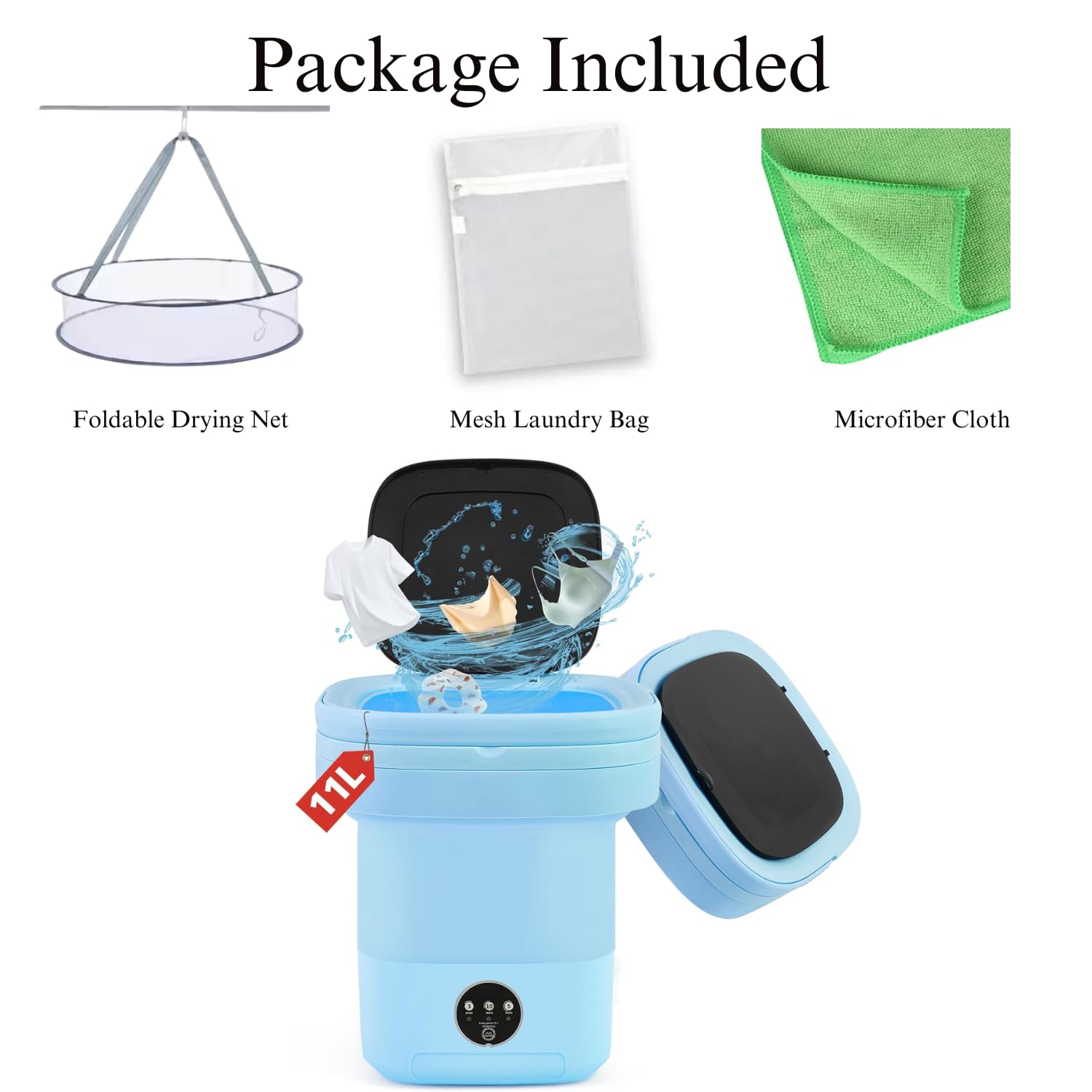 Portable Washing Machine, 11L Foldable Washer & Spin Dryer with Laundry Bag & Drying Net & Microfiber Cloths, Laundry Machine with 3 Cleaning Modes for Baby Clothes and Underwear (Blue)