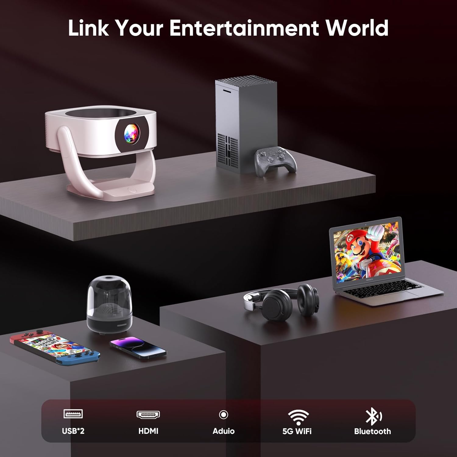 [Built-in Apps with Netflix]Projector, Native 1080P Mini Projector 4K Support with WiFi and BT, 500ANSI E-Focus/Auto Keystone 50% Zoom 270° Rotatable Portable for Bedroom/Outdoor, Remote/Mouse Control