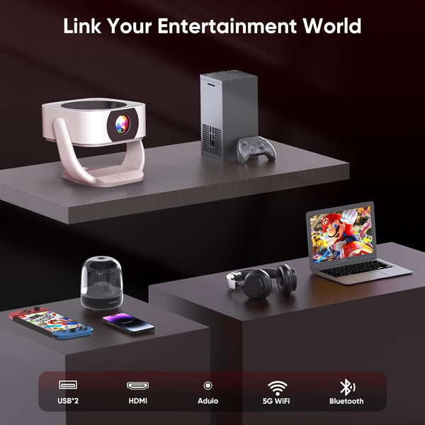 [Built-in Apps with Netflix]Projector, Native 1080P Mini Projector 4K Support with WiFi and BT, 500ANSI E-Focus/Auto Keystone 50% Zoom 270° Rotatable Portable for Bedroom/Outdoor, Remote/Mouse Control