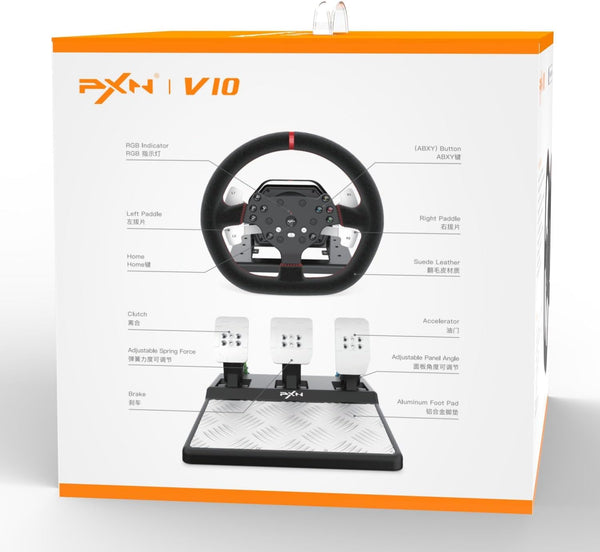 PXN V10 Force Feedback Gaming Steering Wheel and Pedals and Gear Shifter, 270/900° Racing Wheel, Suede Leather Gaming Wheel, Steering Wheel for PC, PS4, Xbox One, Xbox Series X/S