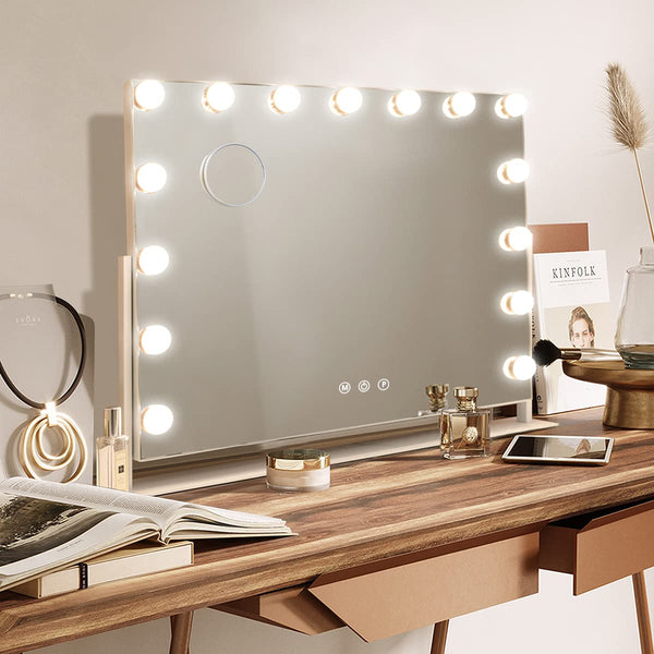 HANSONG Hollywood Vanity Mirror with Lights 360 Degree Rotation Dressing Table Mirror with 15 LED Bulbs and 10X Magnification Touch Screen Large