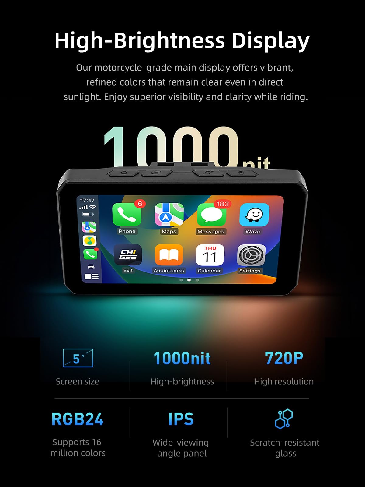 AIO-5 Lite Motorcycle Carplay Android Auto GPS Navigation System, BSD, STARVIS HDR 5" LCD, 60FPS,5G Wi-Fi BT, IP67 Waterproof, Support Siri Google Assistant, 24H Parking Mode, Dedicated App